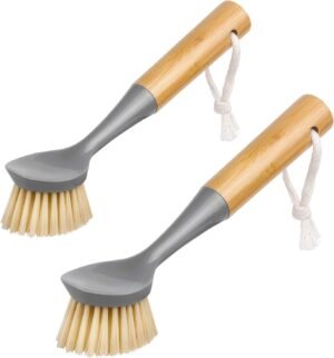 Kitchen Dish Brush with Bamboo Handle Scrub Brush Built in Scraper - 2 Piece