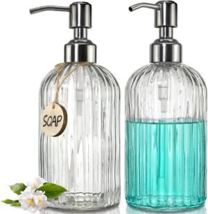 2 PACK Glass Soap Dispenser with Rust Proof Stainless Steel Pump & 2 Tags