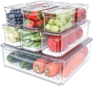 10 Pack - Fridge Organizer with Lids, Stackable Refrigerator Bins