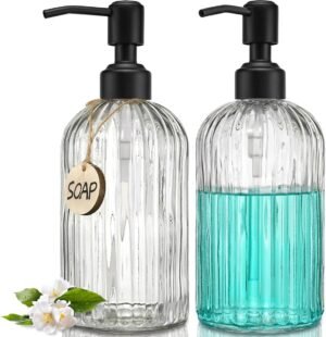 2 Pack - Glass Soap Dispenser with Black Pump and 2 Tags