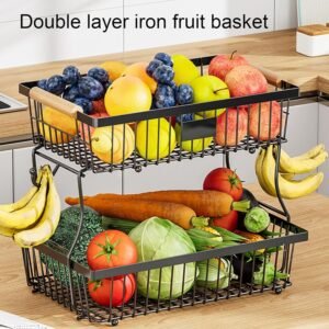 2-Tier Multiuse Storage Rack with Wooden Handle - Black