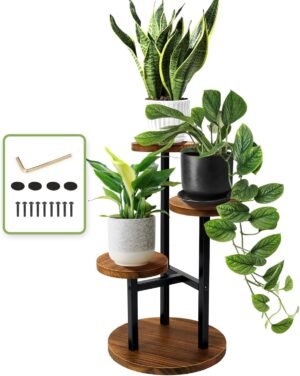 3 Tier Plant Stand, Metal Wood Shelf Holder & 3 PCS Small Gardening Tools
