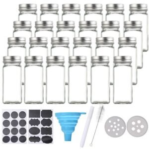 24 Piece - Spice Jars Containers with Black Lid, Label, Brush, Pen, Funnel