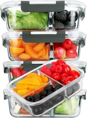 3-Compartment Glass Meal Prep Containers with Lids, Lunch Box - 1 Liter