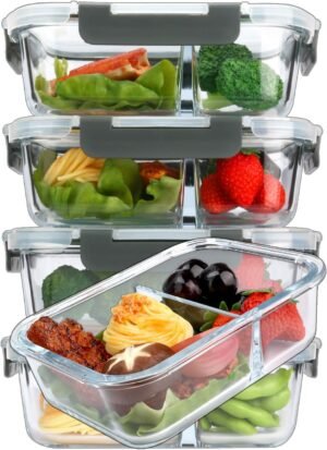 5-Pack Glass Meal Prep Containers 2 Compartment- 1 Liter