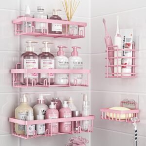 5-Pack Pink Shower Caddy Organizer Rack – Adhesive Bathroom Shelf