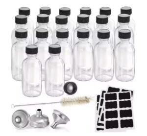 12 Pack- Small Clear Glass Bottles - 60ml with Funnels, Labels, Small Brush