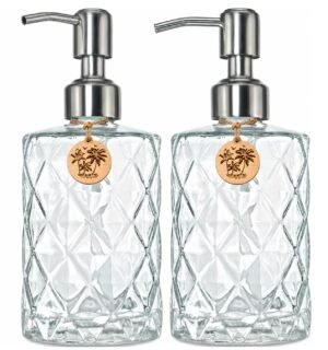 2 Pack -Diamond Design Glass Soap Dispenser and 2 Tags - 350ml