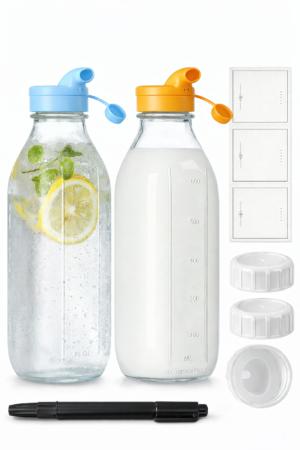 2 Pack 1L Glass Milk Bottles with Airtight Screw Lids & Dispenser Caps