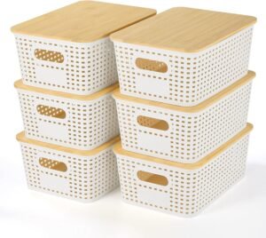 6 Pack - Plastic Storage Baskets With Bamboo Lid for Organization