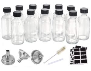 12 Pack | Glass Bottles - 120ml with Funnels, Labels, Small Brush,Marker